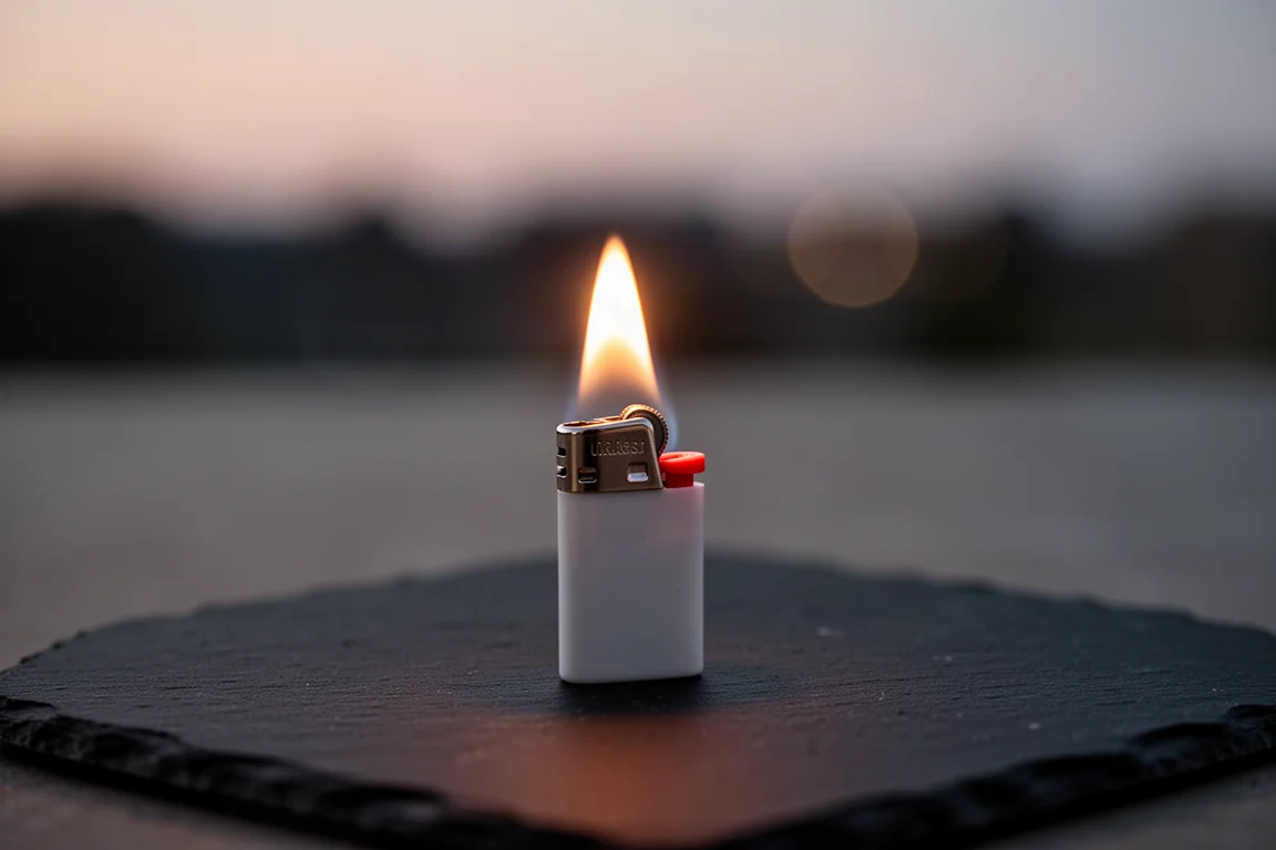 Un accendino che produce una piccola fiamma costante al crepuscolo su una superficie scura