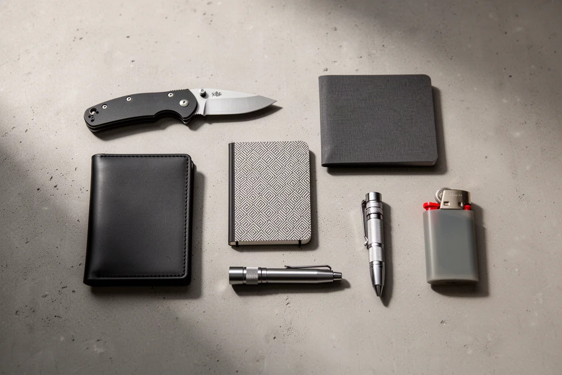 Disposizione flat-lay di oggetti everyday carry economici tra cui un coltello, un portafoglio, un taccuino, una penna, una torcia e un accendino
