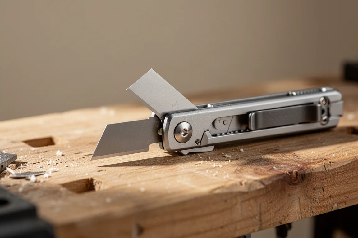 Mes van een utilityknife dat wordt omgedraaid bij het verwisselen op een werkbank