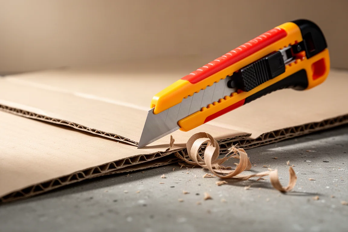 WorkPro utilityknife met uitgeklapt mes snijdt in karton op een werkbank