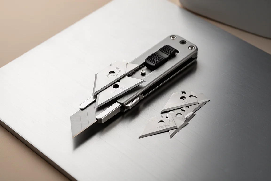 Compacte utilityknife met dubbel mes en meerdere stopposities op een bureau