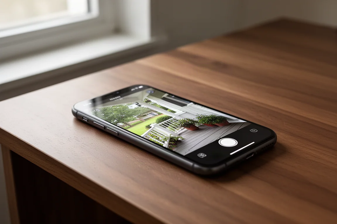 Smartphone affichant la vue en direct d'une application de sonnette vidéo sur une table en bois