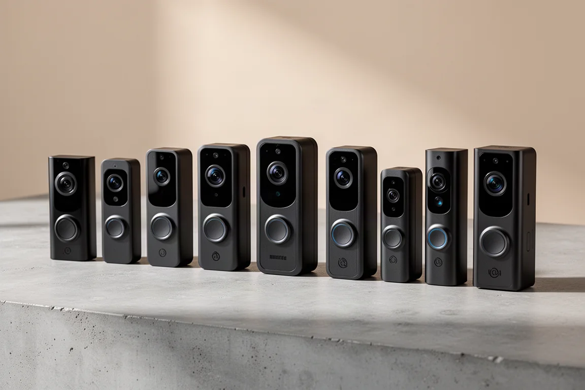 Row of eleven video doorbell cameras on a matte concrete surface