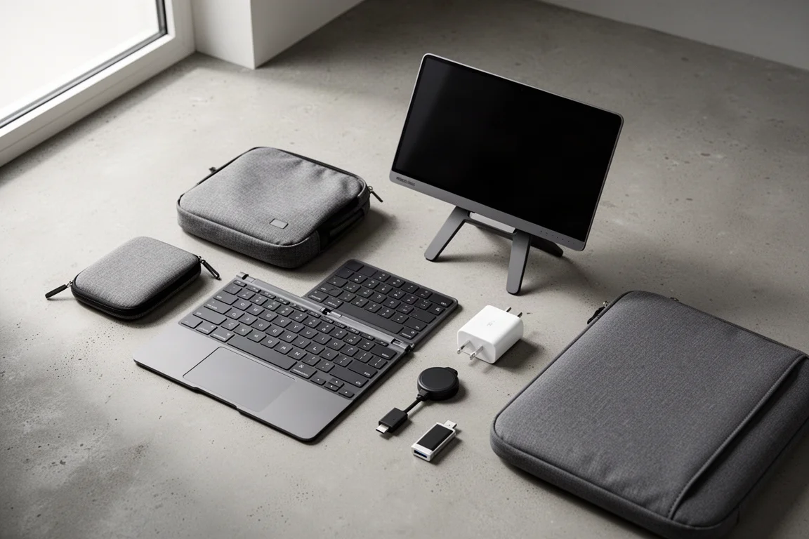 Flat-lay of MacBook accessories including a compact keyboard, pouch, portable monitor, charger, card reader, and laptop sleeve on concrete