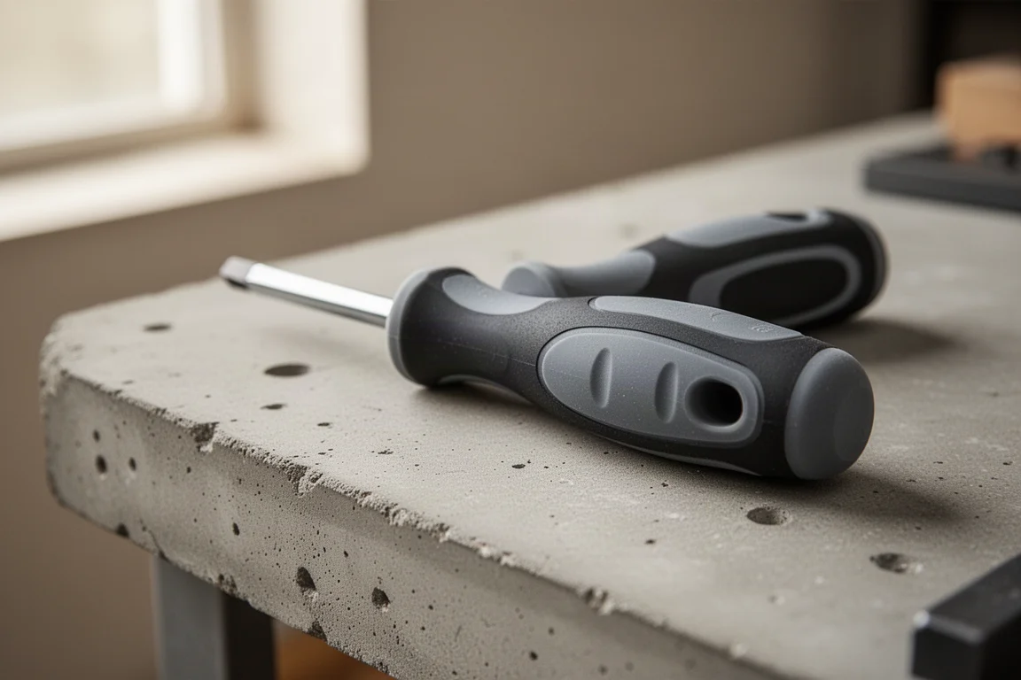 Close-up of a screwdriver handle grip with finger indents resting on a workbench