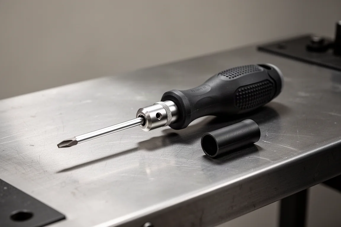 Screwdriver with a long bit installed resting beside its cap on a workbench