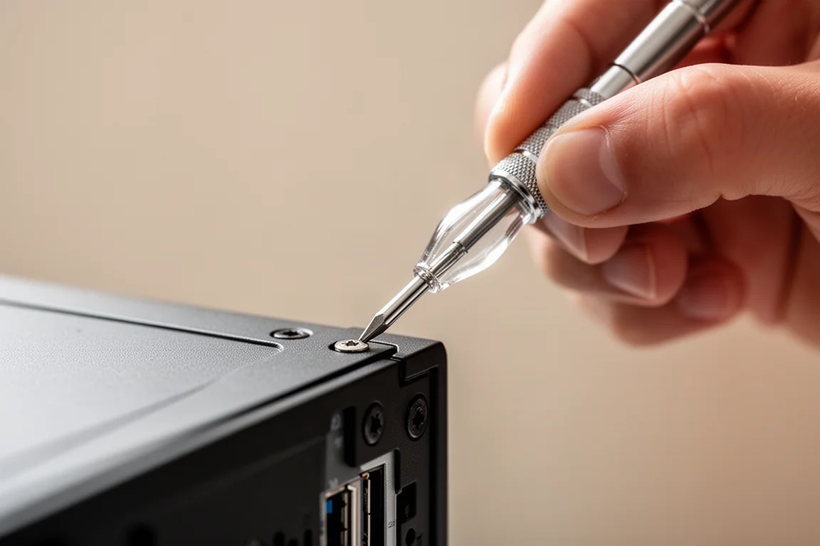 Precision screwdriver twisting a small screw into an electronic device