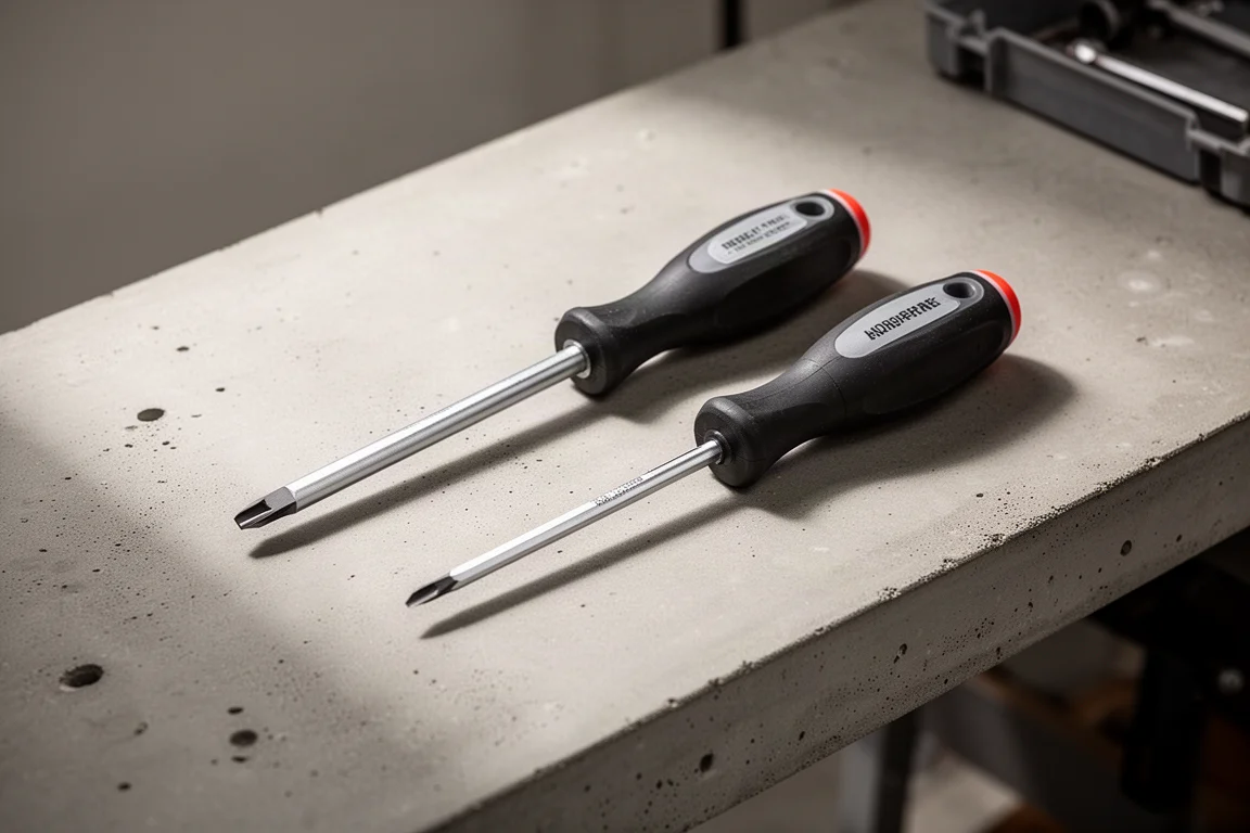 Two screwdrivers side by side on a workshop bench under soft light