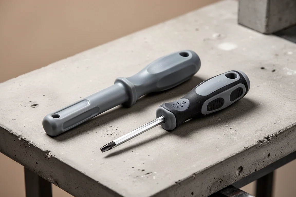 Two bulb-style ergonomic screwdrivers side by side on a concrete workbench