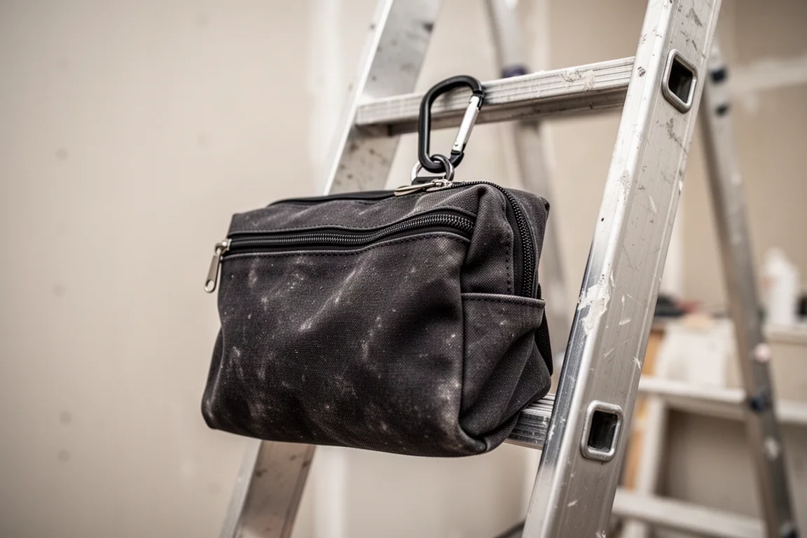 Bolsa de herramientas de tela grande sujeta con un mosquetón al peldaño de una escalera