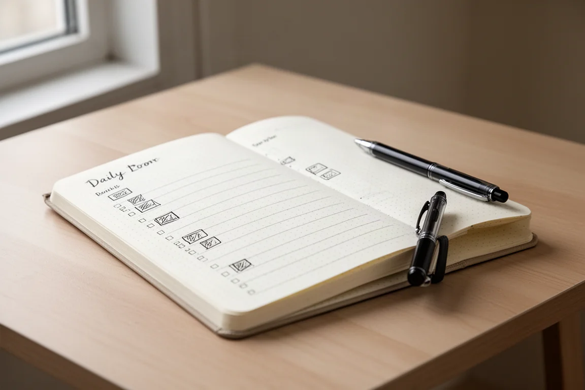 Page de carnet pointillé ouverte avec journal quotidien manuscrit et un fin stylo gel posé à côté