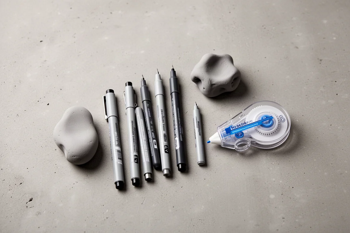 Stylos feutre à pointe fine et gomme maléable disposés sur un bureau neutre