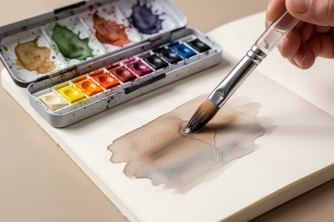 Palette d'aquarelle avec godets complets et pinceau à eau réalisant un lavis doux sur papier de carnet