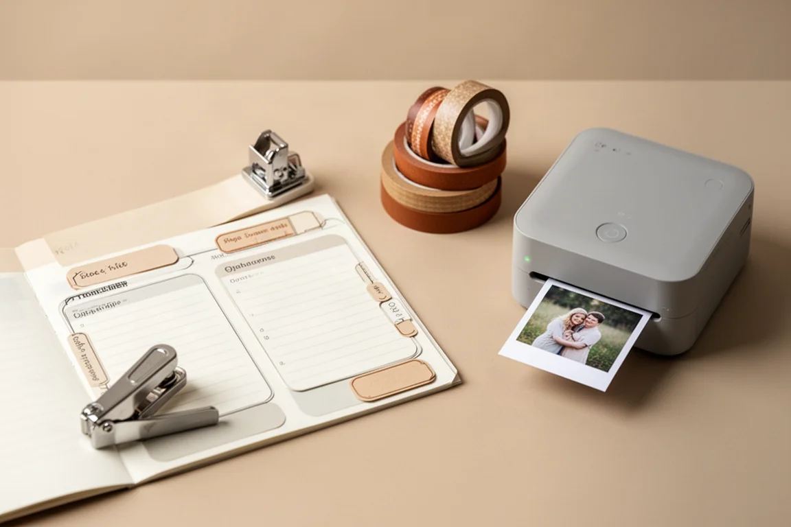 Onglets de carnet aux coins arrondis et masking tape superposé à côté d'une imprimante photo compacte