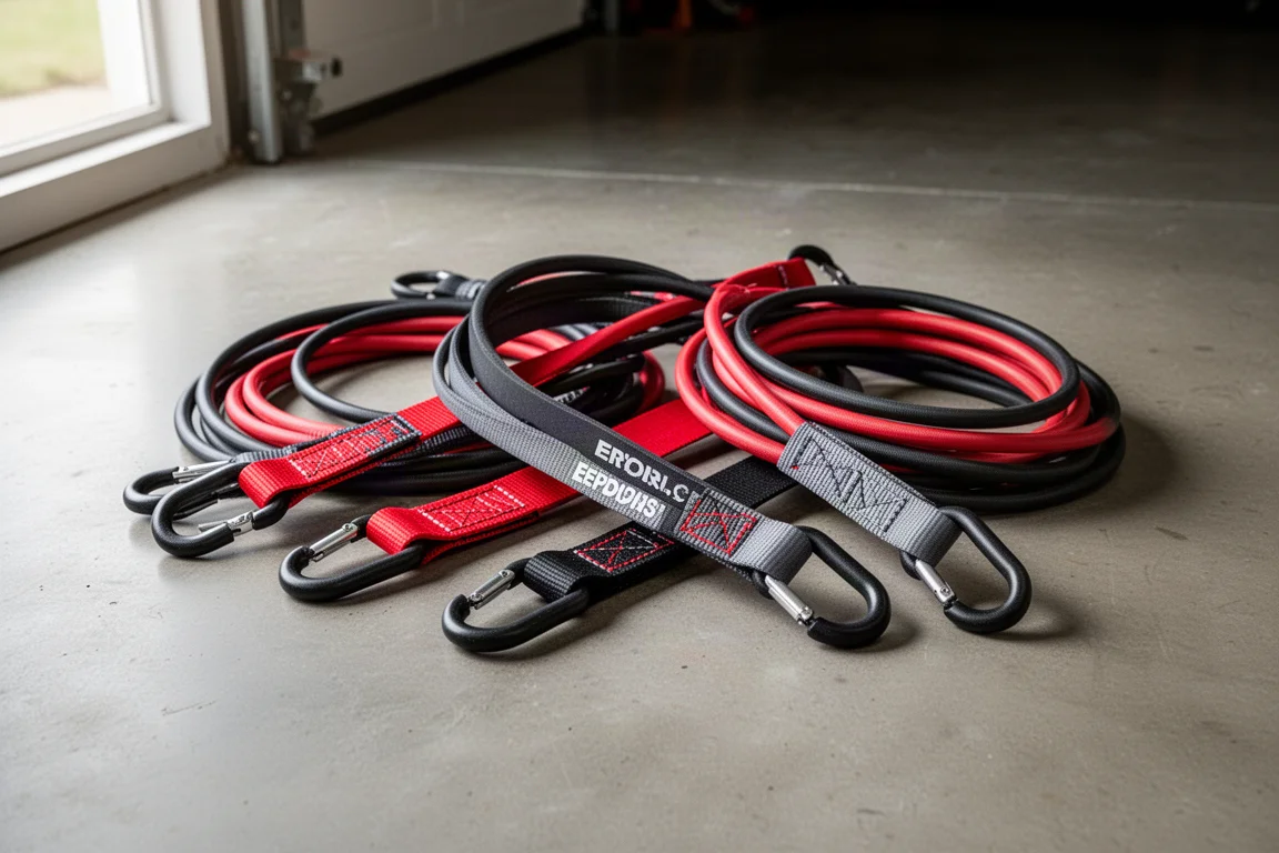 Assortimento di cavi elastici e cinghie in EPDM arrotolati su un pavimento di cemento in garage