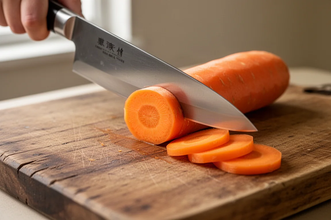 Chef slicing through a fresh carrot on a wooden cutting board