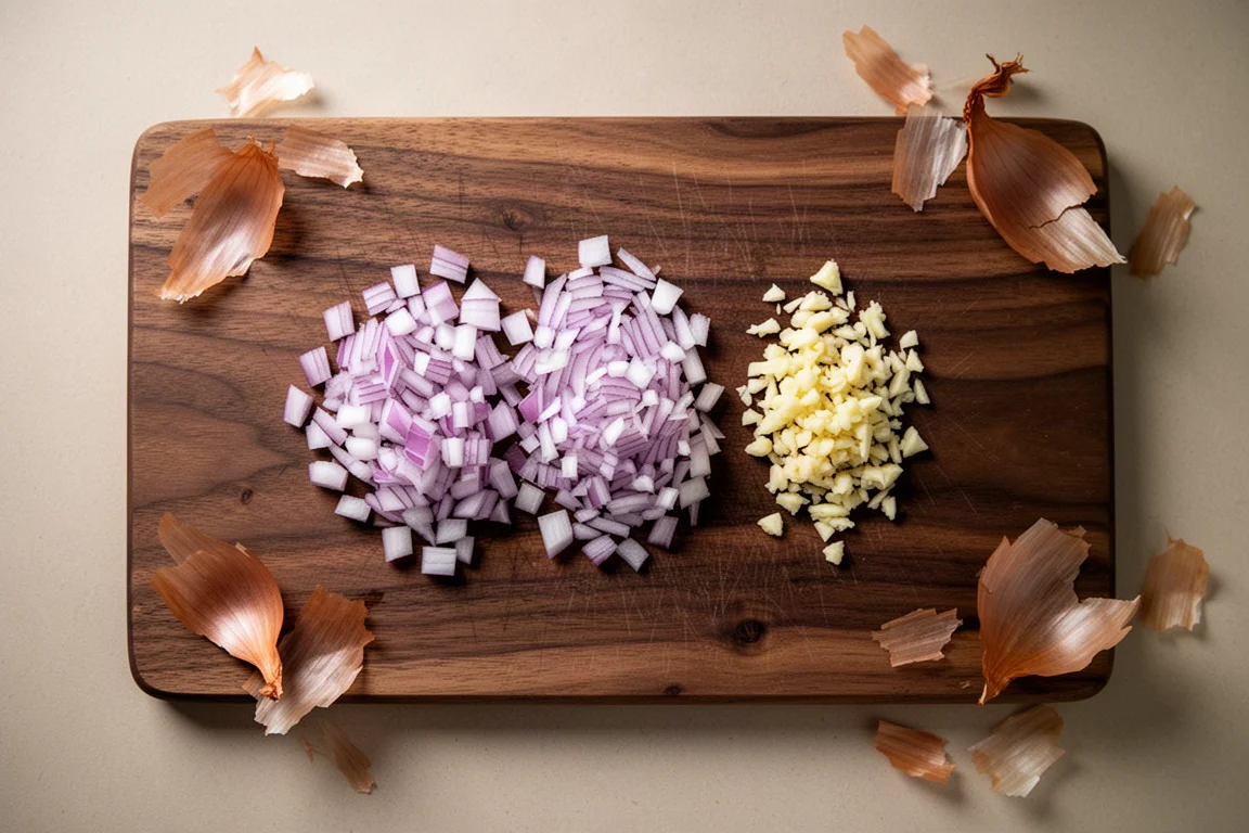 Finely diced shallots and garlic arranged on a cutting board