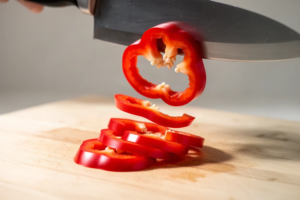 Thin pepper slices sliding off a knife blade onto a board