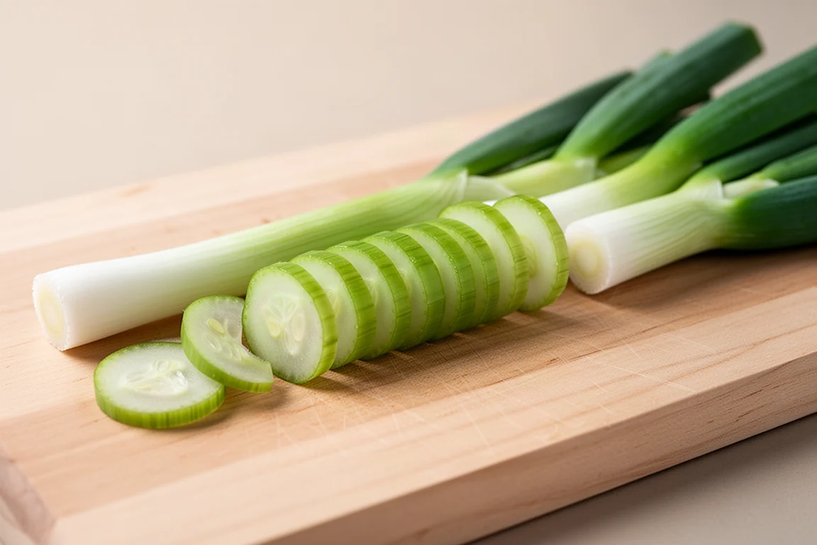 Scallions being cut into thin rounds on a cutting board