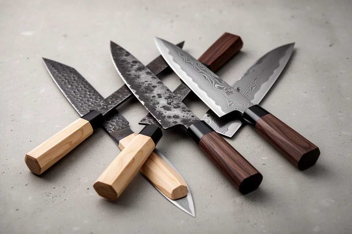 Three Japanese bunka knives with different handles arranged on a concrete surface