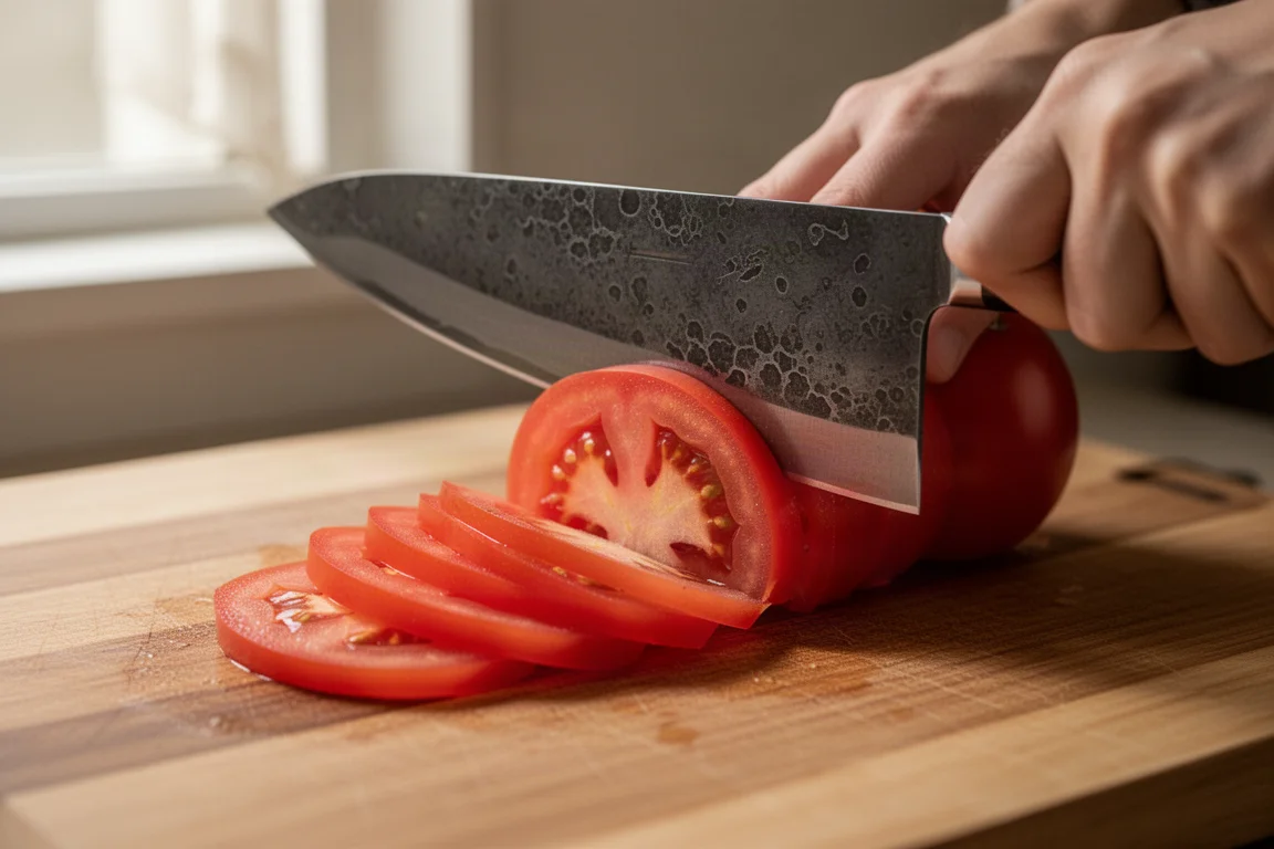 Bunka knife slicing cleanly through ripe tomato skins on a cutting board