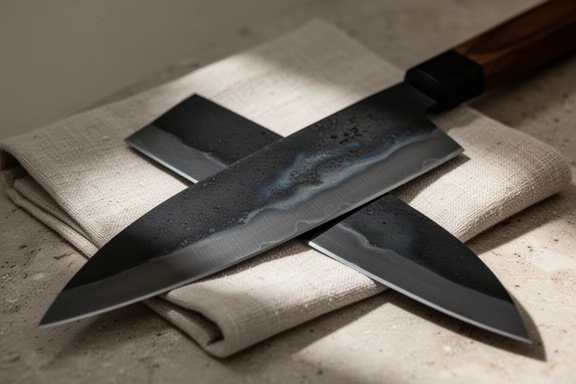 Carbon steel blade with a dark kurouchi finish developing a subtle patina