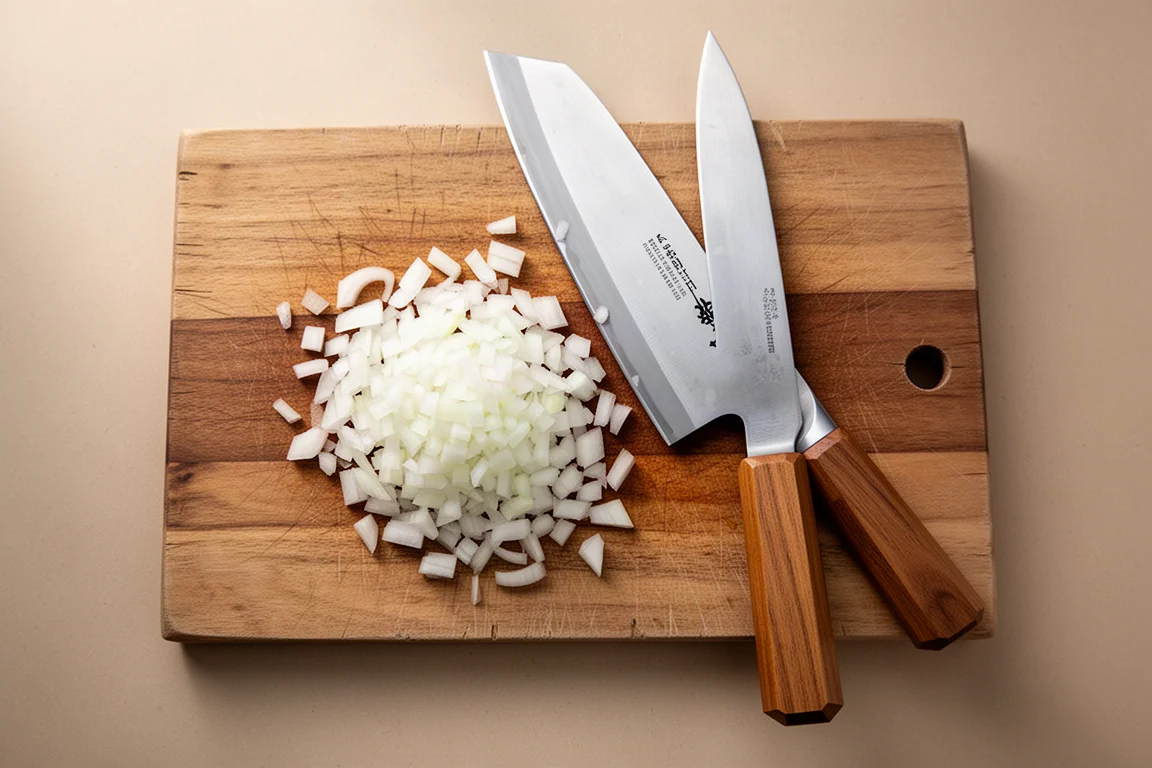 Onion dicing in progress with a tall-bladed bunka knife on a board