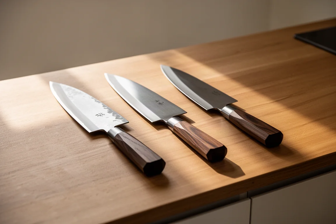 Three bunka knives laid side by side on a quiet kitchen counter