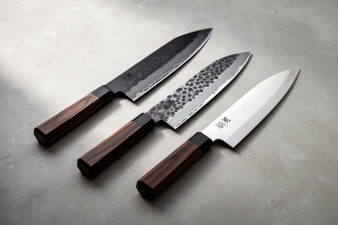 Three Japanese bunka knives with different blade finishes on a concrete surface