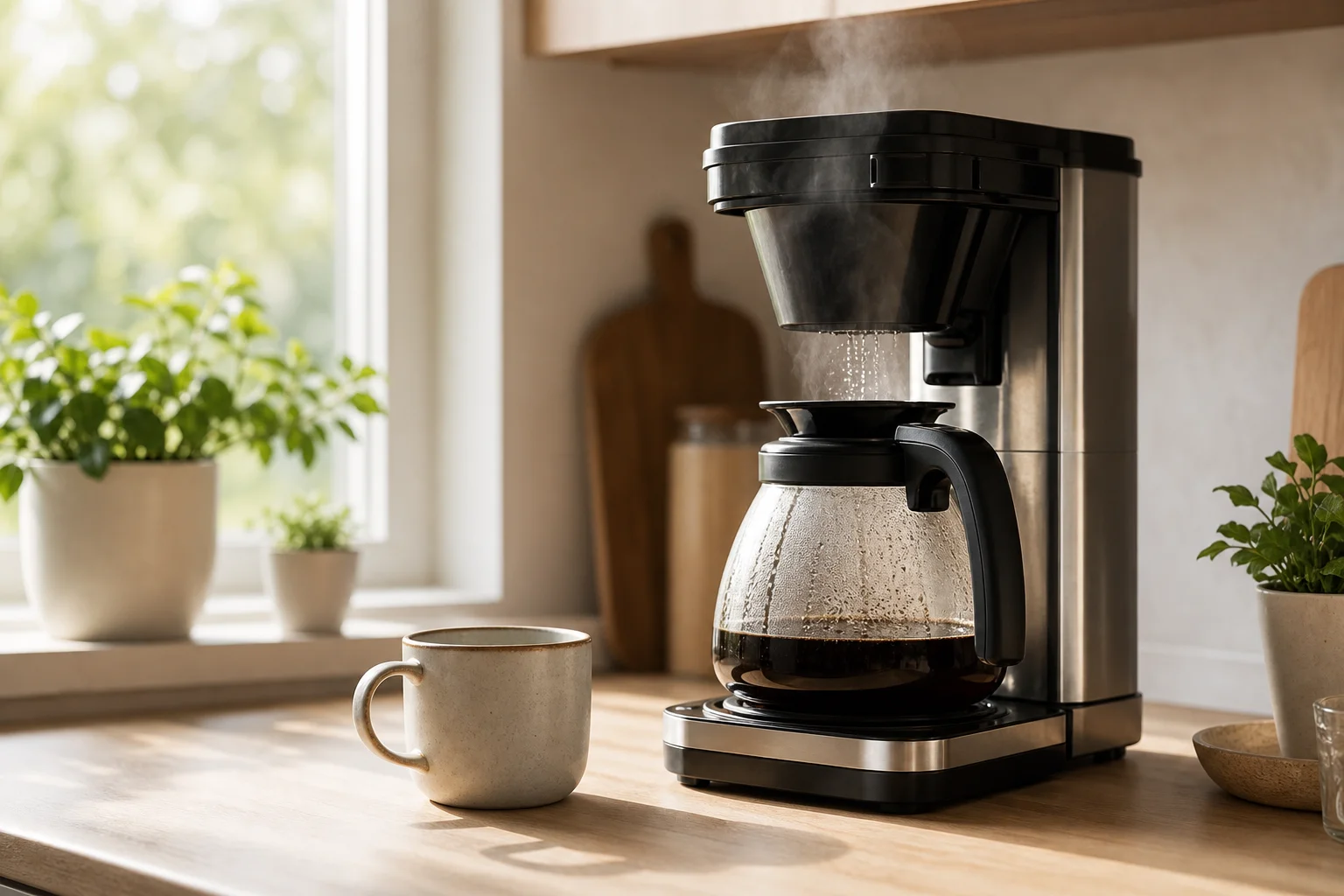 Scena di una cucina al mattino con una macchina da caffè Bunn in funzione e vapore che sale