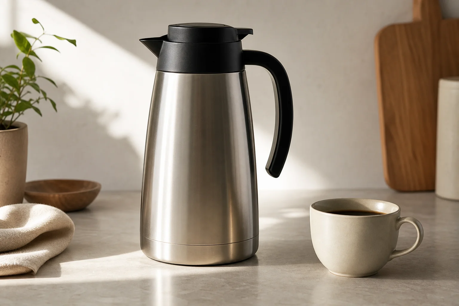 Caraffa termica su un piano cucina con una tazza di caffè nelle vicinanze