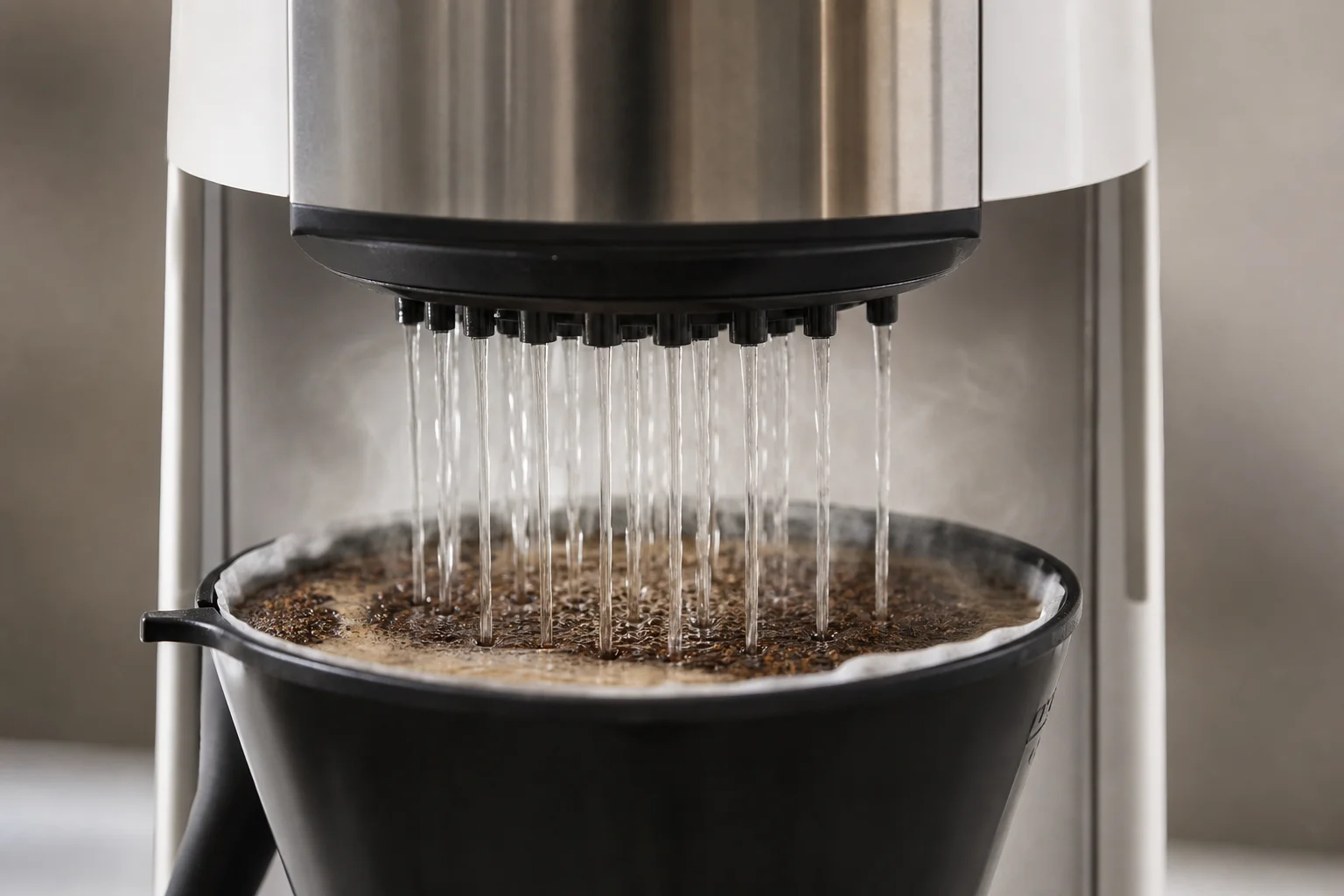 Macchina da caffè Bunn durante l'erogazione con il soffione a getti multipli visibile