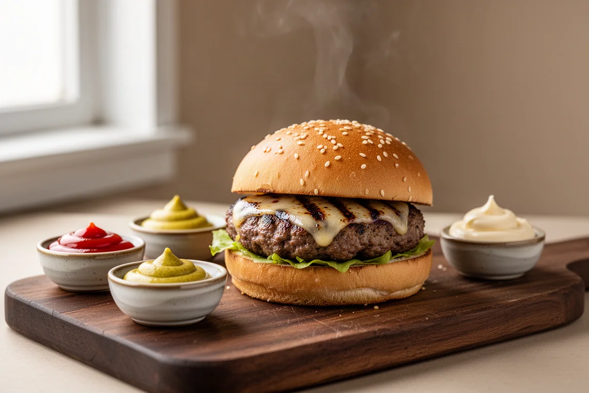 Saftiger Burger auf einem Holzbrett neben kleinen Schälchen mit Condiments