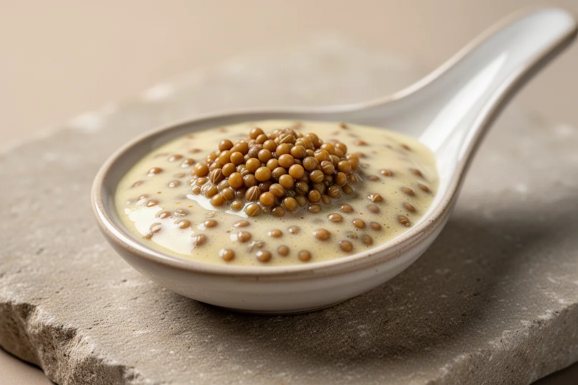 Nahaufnahme von grobkörnigem Senf mit Senfsamen in einer cremigen Sauce