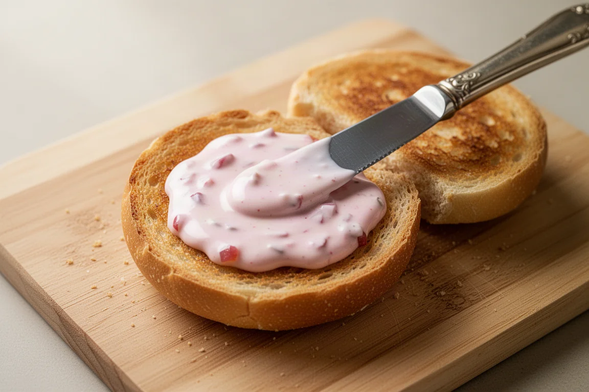 Burger-Sauce wird mit einem Messer auf ein geröstetes Brötchen gestrichen