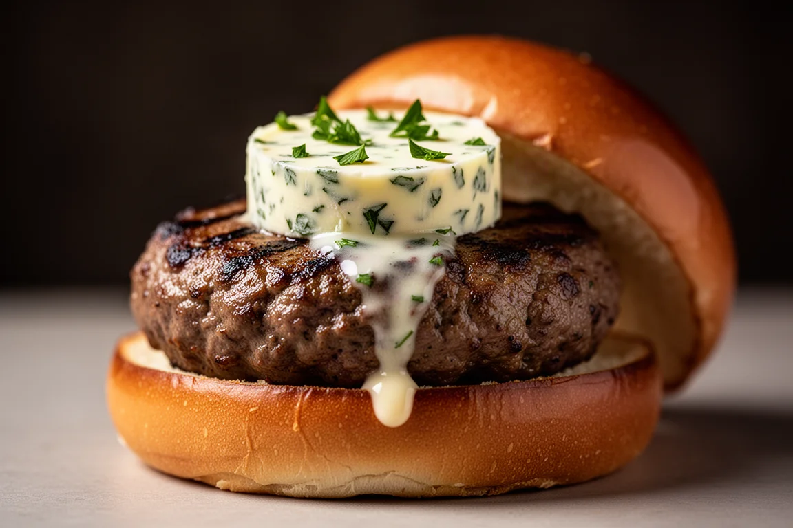 Burger-Patty mit einer schmelzenden Portion Kräuterbutter belegt