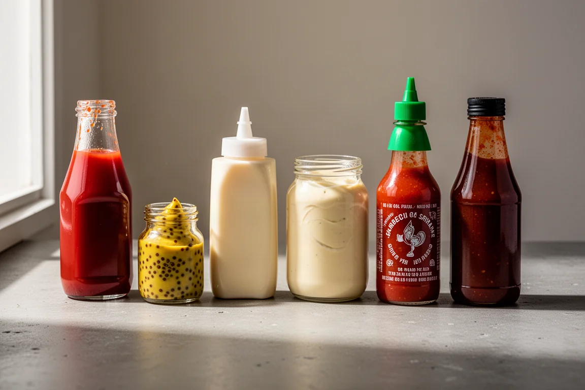 Six condiment bottles including ketchup, mustard, mayo, sriracha and barbecue sauce in a row