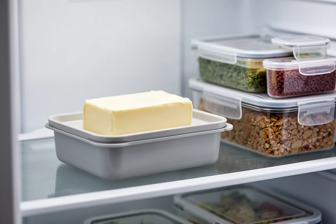 Mantequera con solapas bien cerradas guardada dentro del refrigerador
