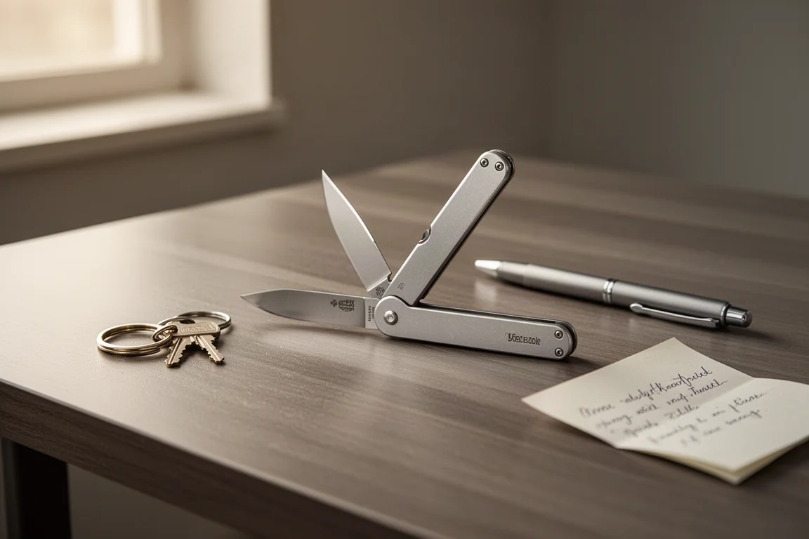 A folding pocket knife partially open on a wooden desk beside everyday carry items