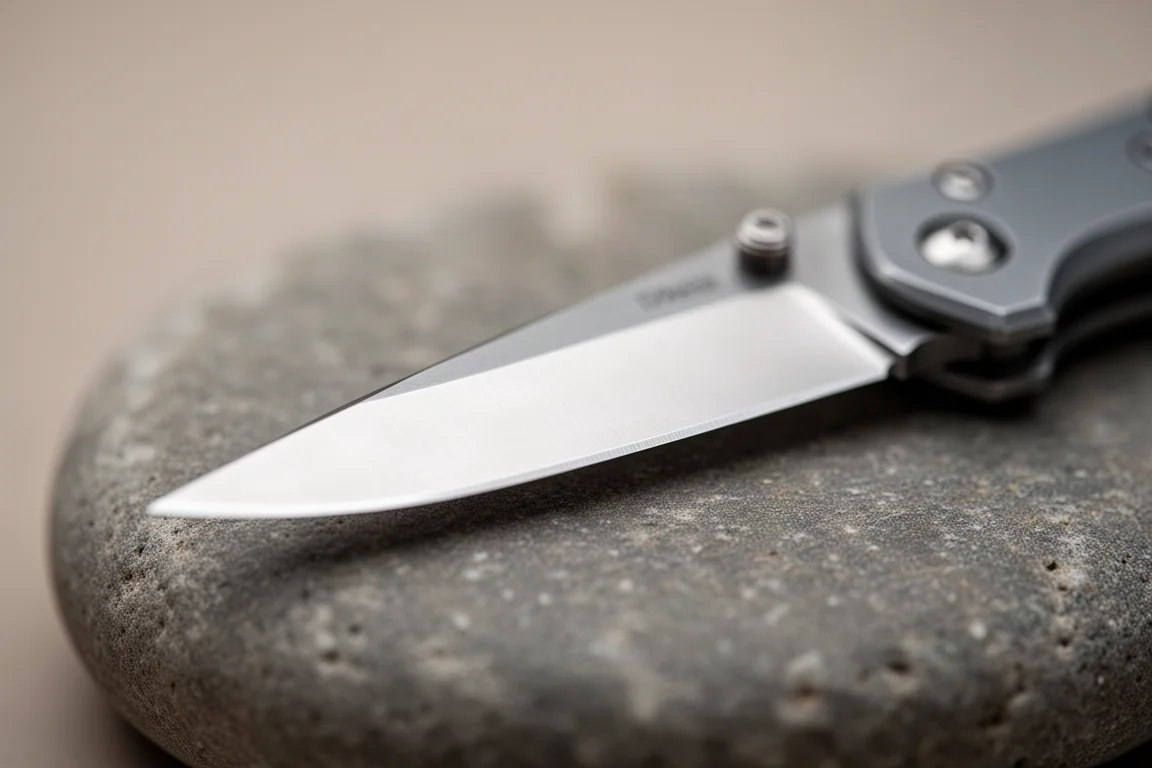 Close-up of a folded pocket knife blade edge catching soft light on a stone surface