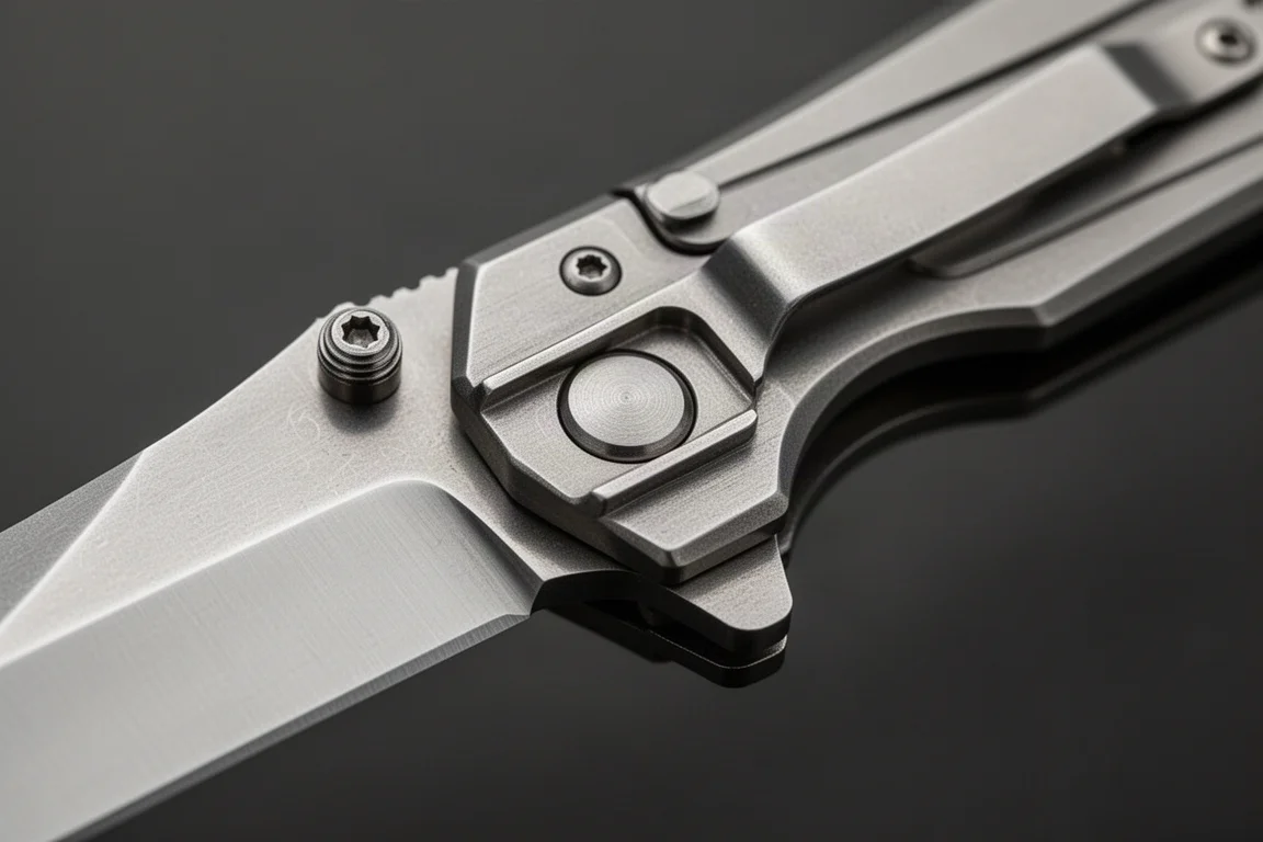 A pocket knife button lock mechanism shown in macro detail on a neutral backdrop