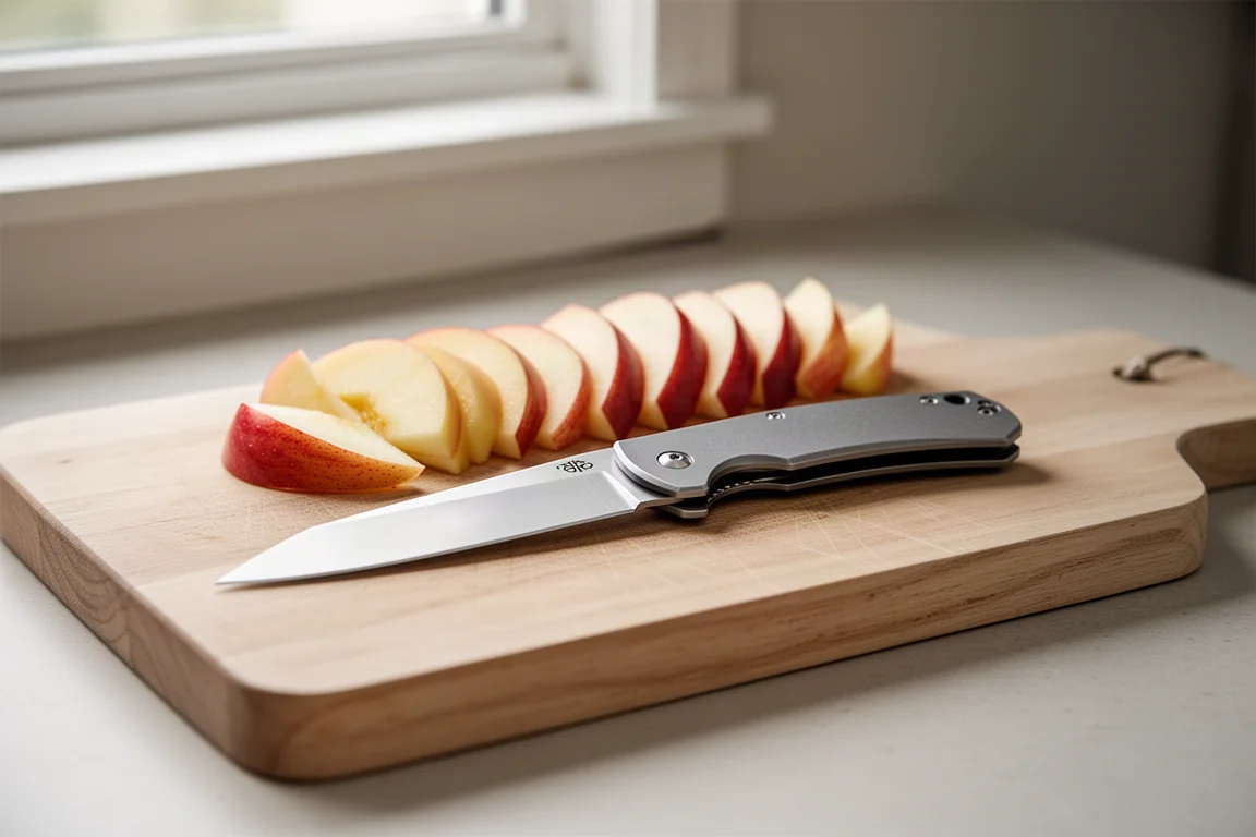 A thin-bladed folding knife laid on a cutting board beside sliced fruit in soft kitchen light
