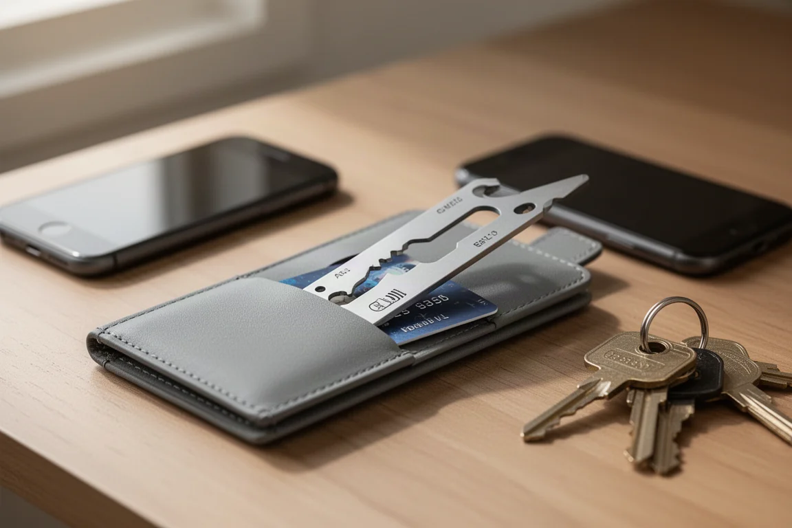 Hände schieben ein schmales kartenförmiges Multitool in eine Brieftasche neben ein Handy