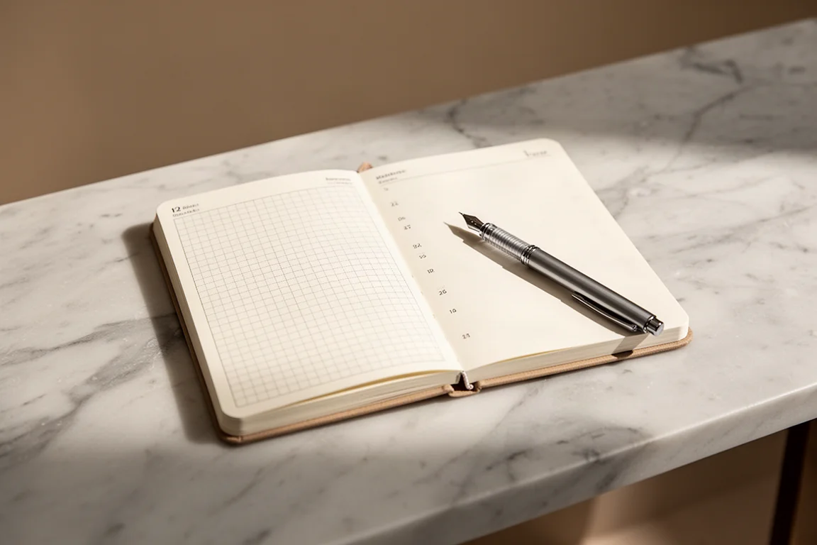 Kleines kariertes Notizbuch flach gefaltet mit einem Stift auf einer aufgeschlagenen Seite