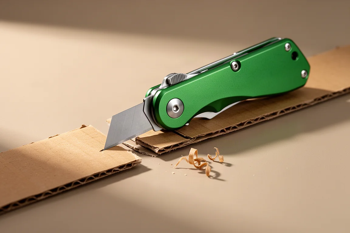 Klappbares Cuttermesser mit grünem Griff öffnet einen Karton auf einem Schreibtisch