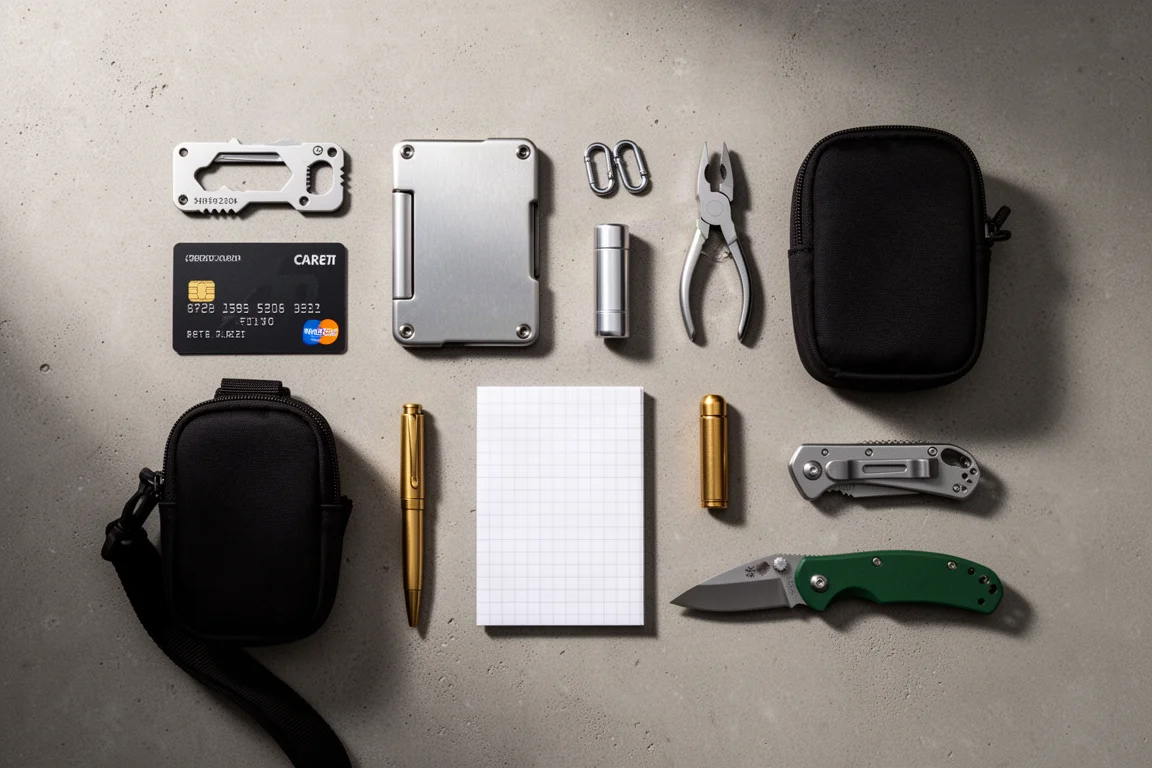 Flat-lay of nine everyday carry items including a wallet, notebook, pen, pliers, and utility knife