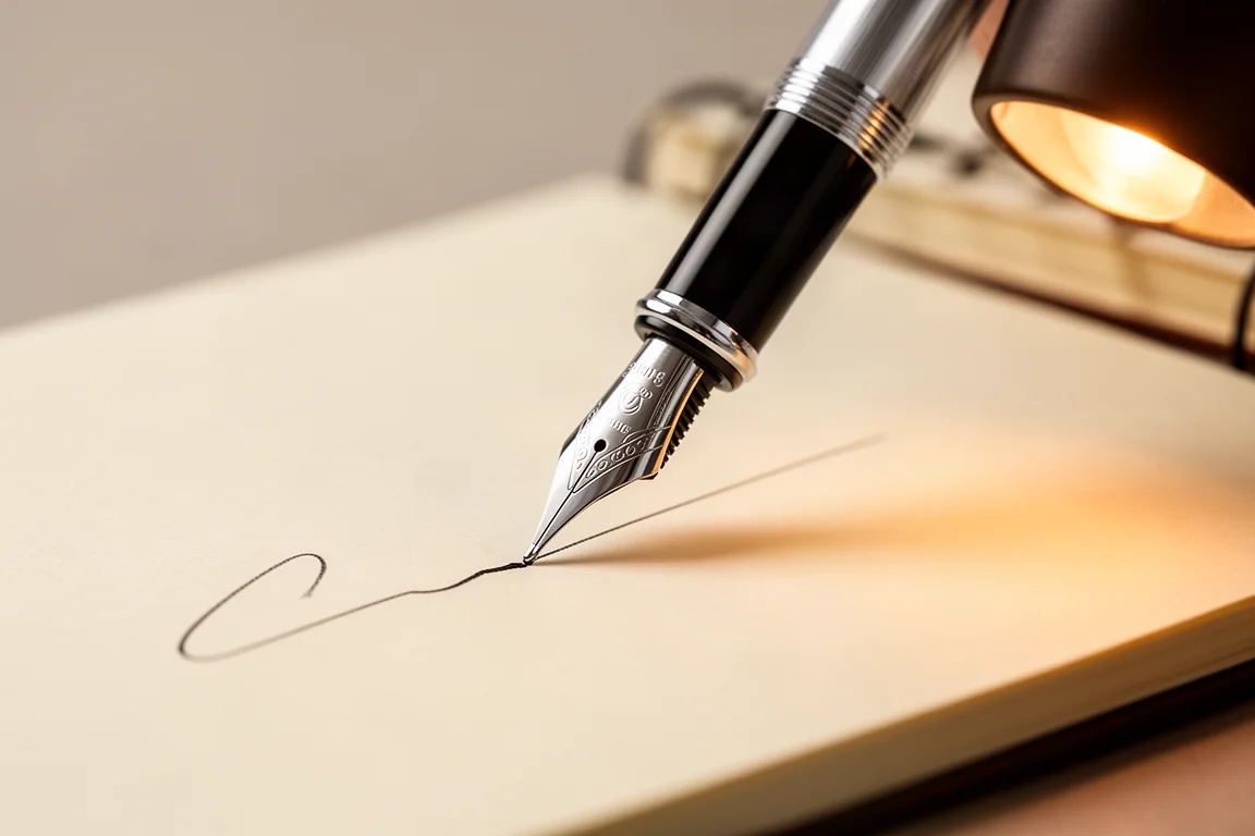 Plumín de pluma estilográfica sobre papel firmando bajo una cálida luz de escritorio