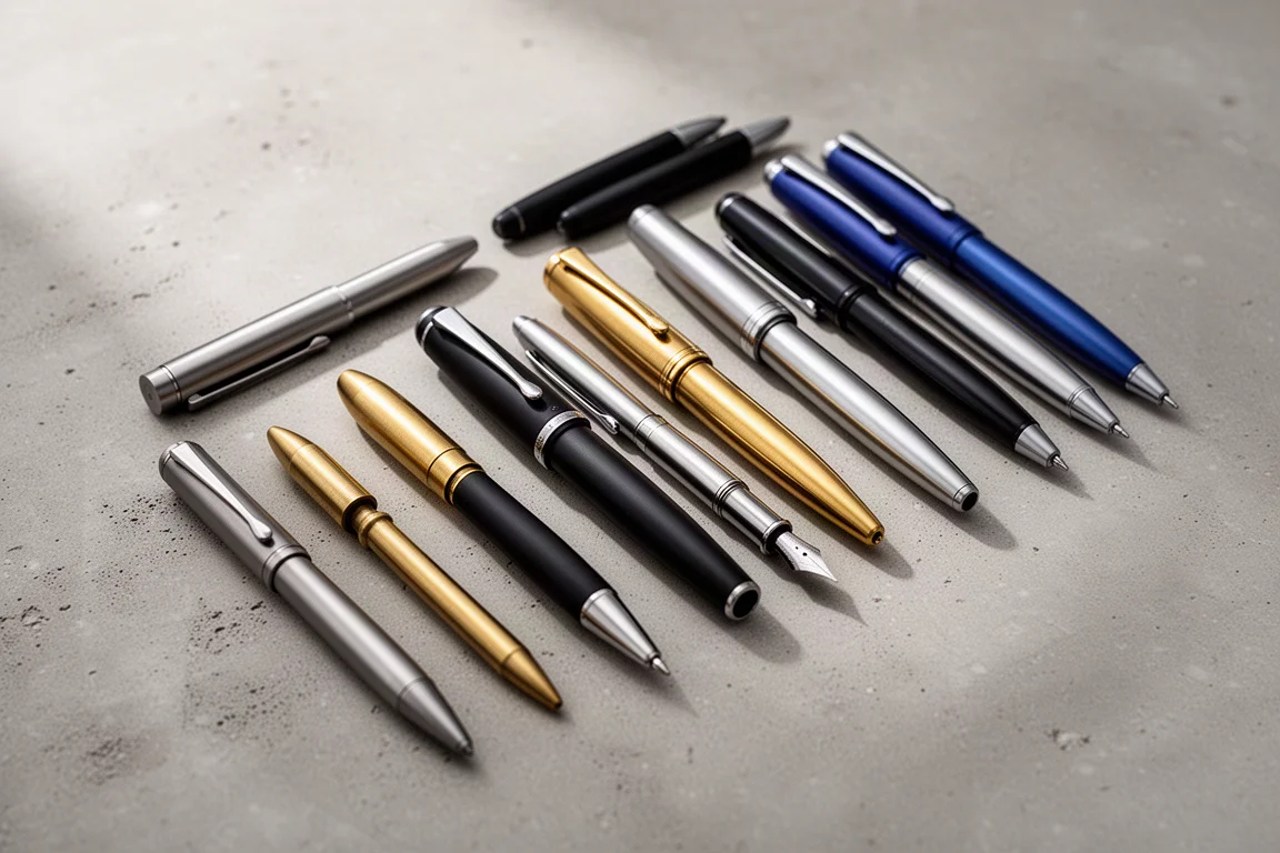 A collection of twelve durable metal writing instruments arranged on a concrete surface