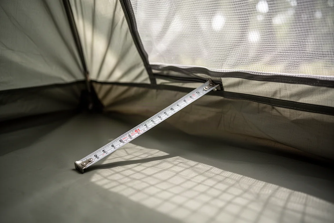 Mètre ruban déroulé le long d'une paroi inclinée de tente cabane, lumière du soleil traversant la moustiquaire du plafond