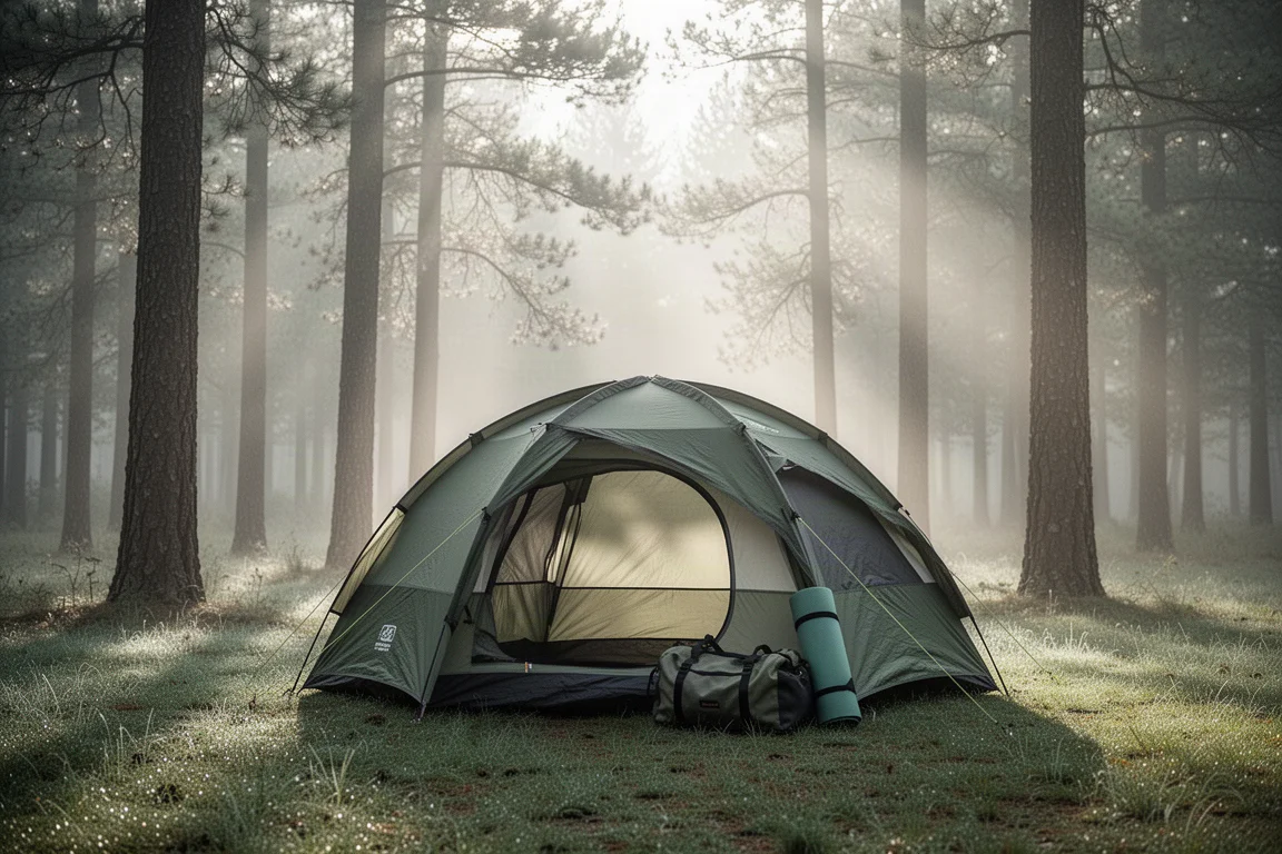 Tente cabane instantanée quatre places montée sur une clairière de camping forestier dans la lumière du matin